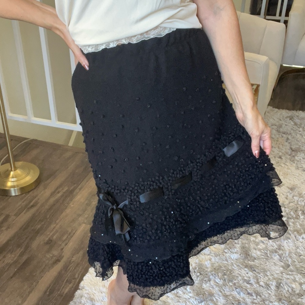 Rena Lange Knee Length A Line Black Bow Tweed Knit Skirt Party Beaded Vintage 12